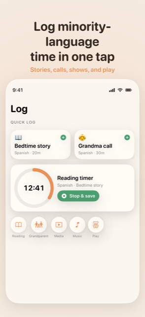 One-tap logging with presets, a timer, and source chips
